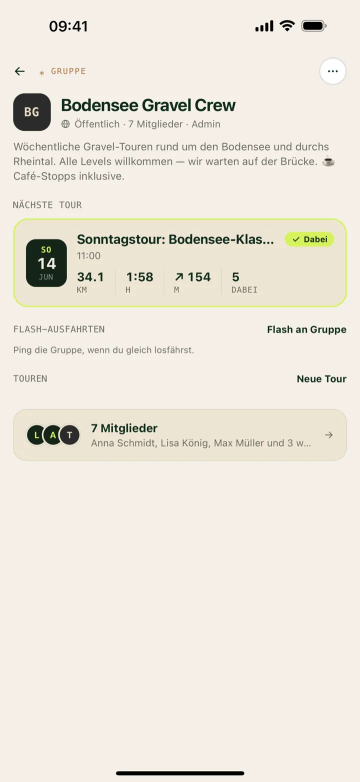 Gruppen-Detail der Bodensee Gravel Crew mit nächster Tour und Mitgliederliste