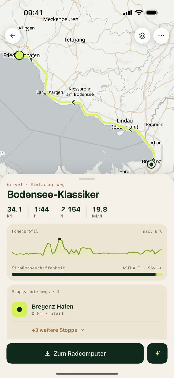 Tour-Detail mit Karte, Höhenprofil und Untergrund-Aufschlüsselung