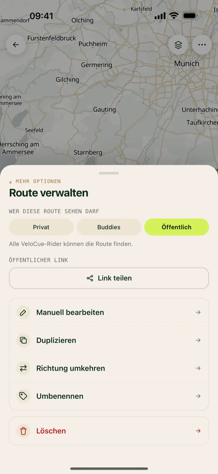Tour-Detail mit Stopps, Privacy-Auswahl und GPX-Export