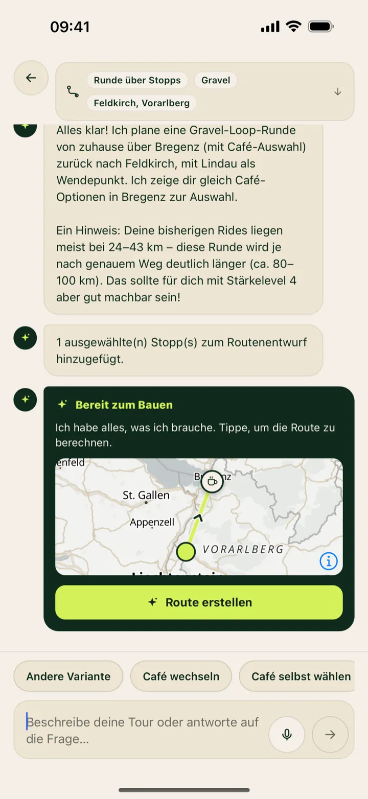KI-Chat-Routenplaner mit Tourbeschreibung und Café-Vorschlägen entlang der Route